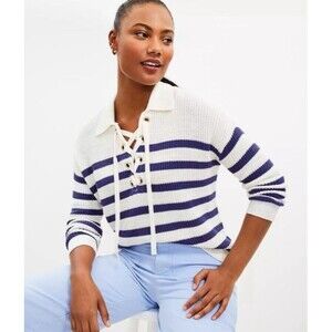 Loft Collared Lace-Up Striped Sweater Ivory/Purple- Size XL